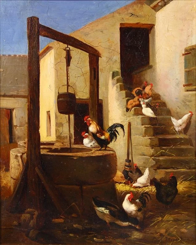 Scena da cortile con gallo e galline
